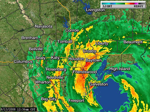 Radar image of Hurricane Ike as of 12:36am CDT