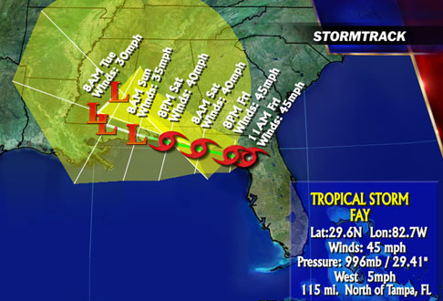 Tropical Storm Fay tracking as of August 22, 2008